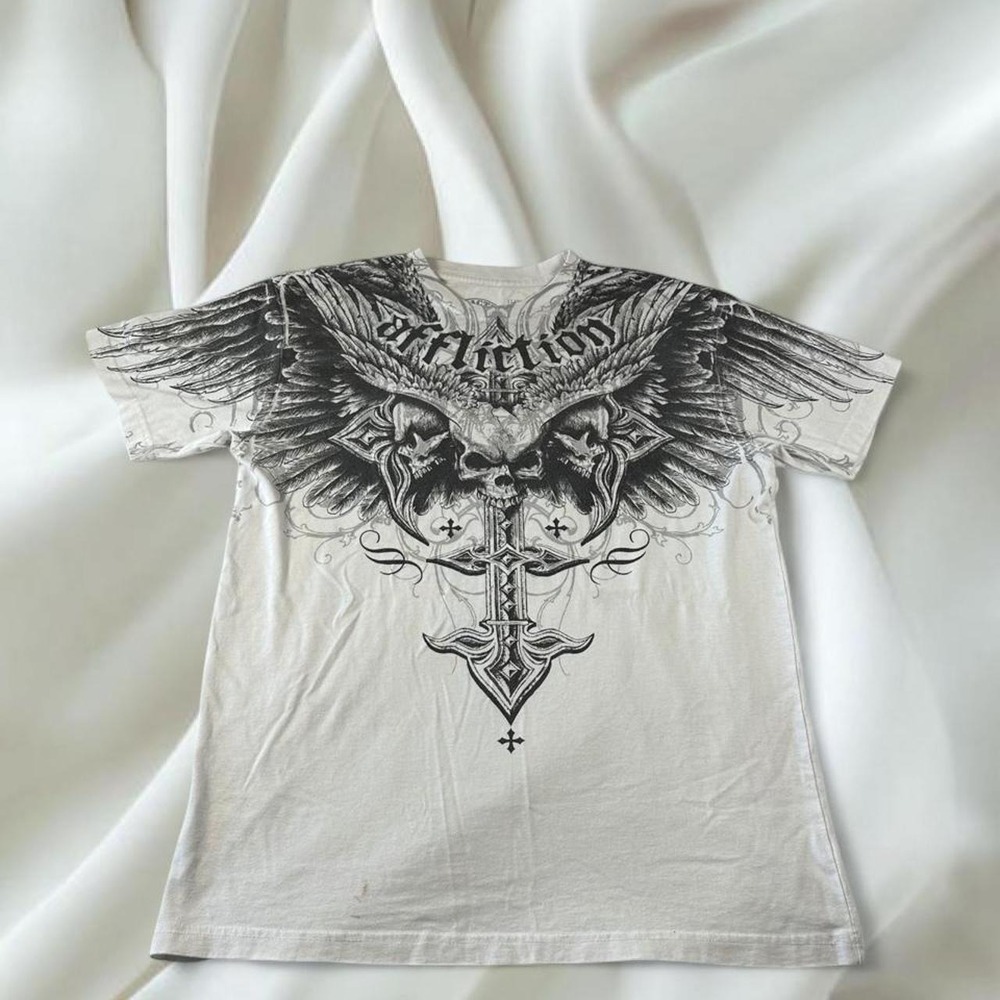 Affliction white death eyes skull angel wing graphic baby tee y2k mcbling